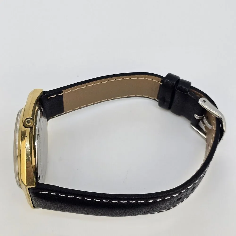 VTG Lorus Men's Watch 36MM Gold Dial DayDate New Black Leather Bands New Battery